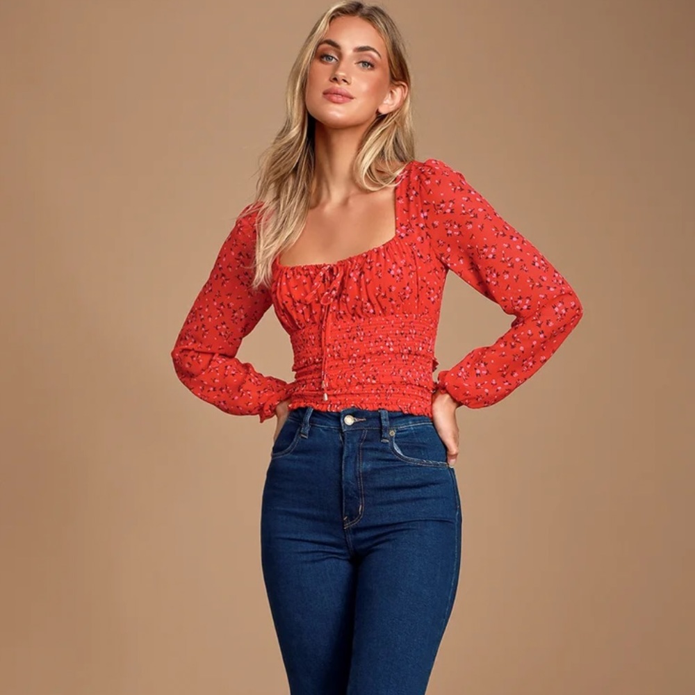 FREE PEOPLE Red Floral Print Crop Top